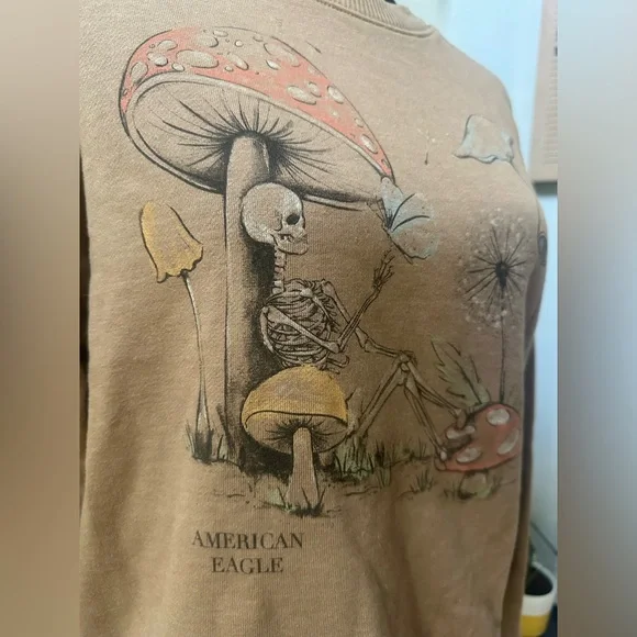 American Eagle Whimsical Skeleton Mushroom Brown Sweatshirt - Picture 2 of 4